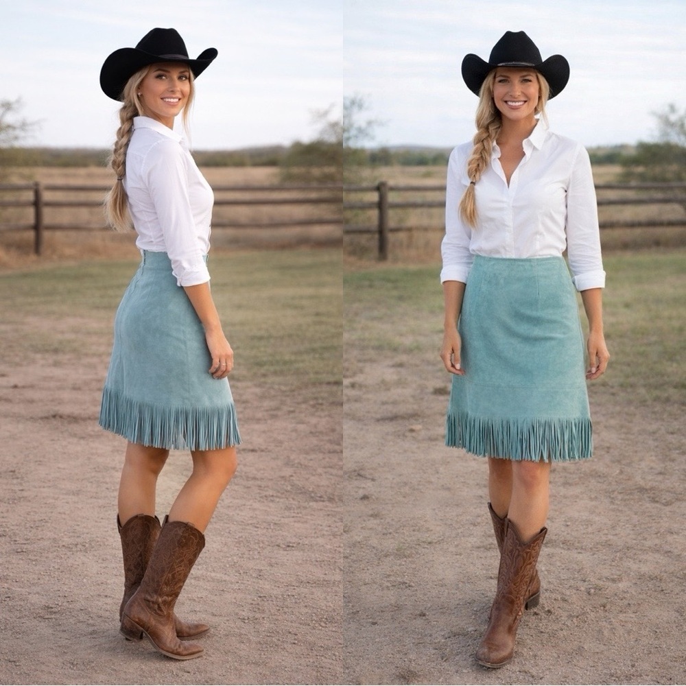 VINTAGE Women's Cuir Zebra Light Blue Fringe Boho Leather Skirt Sz L